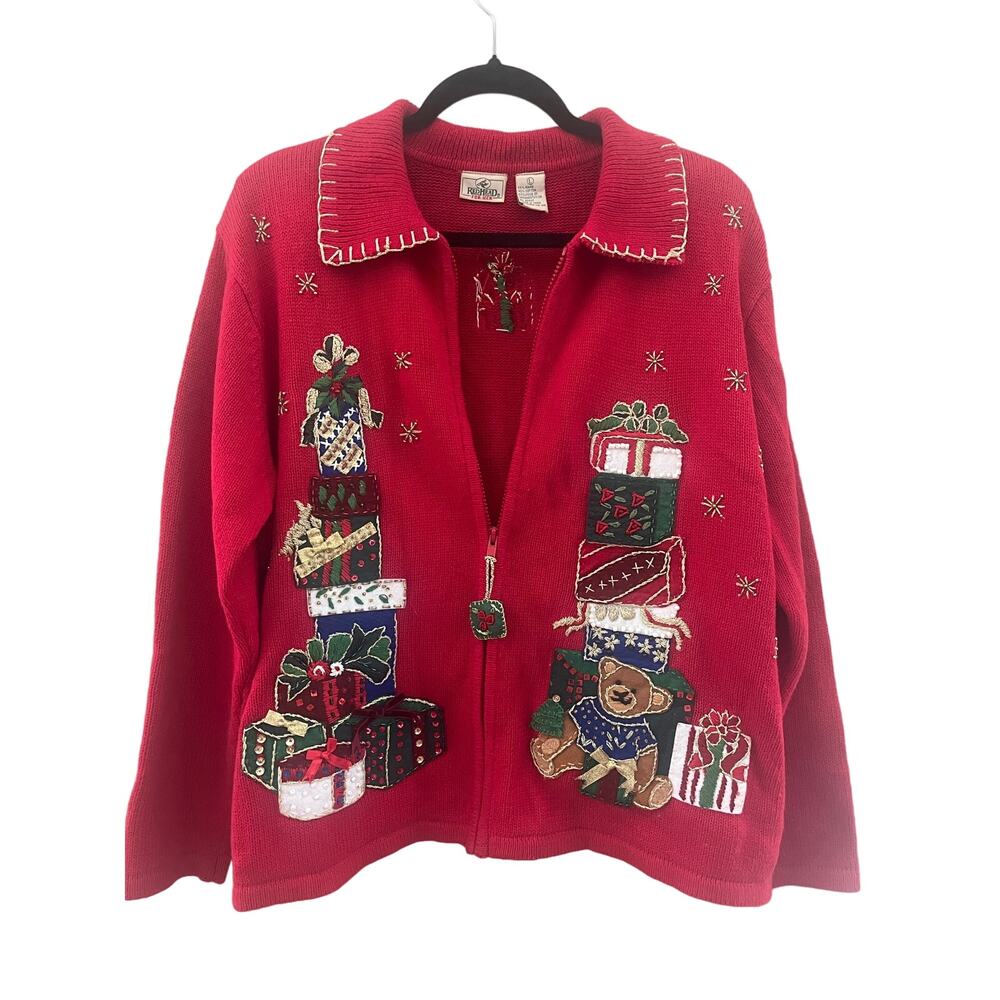RedHead Red Holiday Embroidered Zip-Front Cardigan Sweater